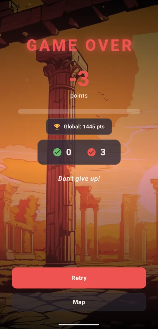End-of-round results screen with score and retry options